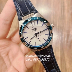 Đồng Hồ Nam Omega Constellation Automatic Niềng Số La Mã Dây Xanh Mặt Trắng Silver 40mm