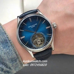 Đồng Hồ Nam Patek Philippe Geneve Automatic Lộ Cơ 2 Kim Dây Da Xanh Blue Silver 43mm