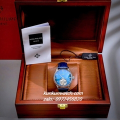 Đồng Hồ Nam Patek Philippe Geneve Automatic Lộ Cơ 2 Kim Dây Da Xanh Blue Silver 43mm
