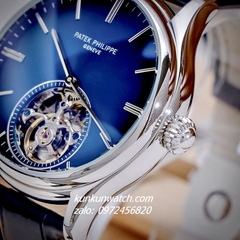 Đồng Hồ Nam Patek Philippe Geneve Automatic Lộ Cơ 2 Kim Dây Da Xanh Blue Silver 43mm