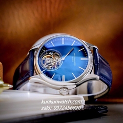 Đồng Hồ Nam Patek Philippe Geneve Automatic Lộ Cơ 2 Kim Dây Da Xanh Blue Silver 43mm