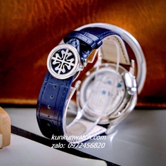Đồng Hồ Nam Patek Philippe Geneve Automatic Lộ Cơ 2 Kim Dây Da Xanh Blue Silver 43mm