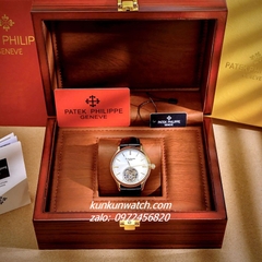 Đồng Hồ Nam Patek Philippe Geneve Automatic Lộ Cơ 2 Kim Dây Da Đen Gold Mặt Trắng 43mm