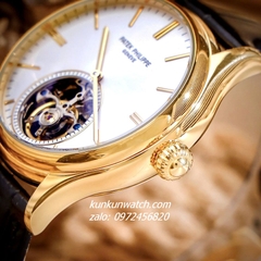 Đồng Hồ Nam Patek Philippe Geneve Automatic Lộ Cơ 2 Kim Dây Da Đen Gold Mặt Trắng 43mm