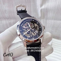 Đồng Hồ Nam Patek Philippe Automatic Lộ Cơ Dây Da Đen Silver 40mm 1