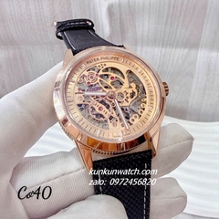 Đồng Hồ Nam Patek Philippe Automatic Lộ Cơ Mặt Vàng Dây Da Đen Rose Gold 40mm 1