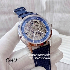 Đồng Hồ Nam Patek Philippe Automatic Lộ Cơ Dây Da Xanh Silver 40mm 1