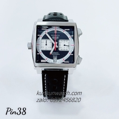 Đồng Hồ Nam Tag Heuer Monaco Chronograph Nút Ngược Dây Da Lỗ Đen Mặt Vuông 38mm 1