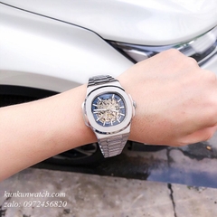 Đồng Hồ Nam Patek Philippe Automatic Lộ Máy Trước Sau Bạc Mặt Xanh - 40mm