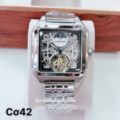 Đồng Hồ Nam Cartier Automatic Lộ Cơ - Lịch Ngày Đêm - Bạc Mặt Trắng - Mặt Vuông 42mm 1