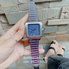 Đồng Hồ Nam Cartier Automatic Niềng Khía Dây Bạc Nền Xanh Mặt Vuông 42mm