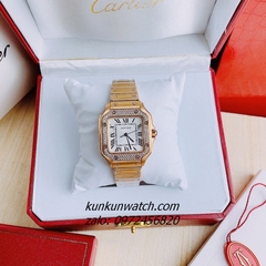 Đồng Hồ Nam Nữ Cartier Đính Đá Rose Gold Mặt La Mã Vuông 36mm