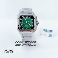 Đồng Hồ Nam Cartier Điểm Số La Mã Bạc Mặt Xanh Lục Quartz 38mm 1