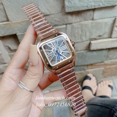 Đồng Hồ Nam Cartier Quartz Lộ Máy Vàng Hồng Mặt Vuông 38mm 1