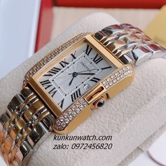 Đồng Hồ Nam Nữ Cartier 3 Kim Đính Đá Demi Mặt La Mã Vuông 36mm
