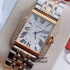 Đồng Hồ Nam Nữ Cartier 3 Kim Đính Đá Demi Mặt La Mã Vuông 36mm
