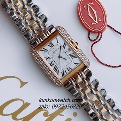 Đồng Hồ Nam Nữ Cartier 3 Kim Đính Đá Demi Mặt La Mã Vuông 36mm