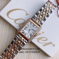 Đồng Hồ Nam Nữ Cartier 3 Kim Đính Đá Demi Mặt La Mã Vuông 36mm