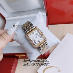 Đồng Hồ Nam Nữ Cartier 3 Kim Đính Đá Demi Mặt La Mã Vuông 36mm