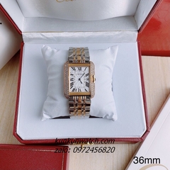 Đồng Hồ Nam Nữ Cartier 3 Kim Đính Đá Demi Mặt La Mã Vuông 36mm