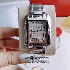 Đồng Hồ Nam Cartier 3 Kim Lịch Ngày Mặt La Mã Vuông Silver Quartz 1