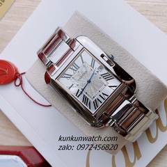 Đồng Hồ Nam Cartier 3 Kim Lịch Ngày Mặt La Mã Vuông Silver Quartz