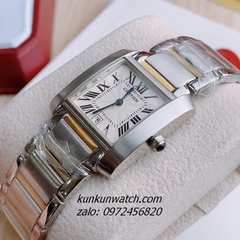 Đồng Hồ Nam Cartier 3 Kim Lịch Ngày Mặt La Mã Vuông Demi Quartz 34mm