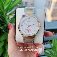 Đồng Hồ Cặp Đôi Citizen Quartz Đính Đá 4 Mốc Giờ Lịch Ngày Demi Mặt Trắng 40mm - 32mm