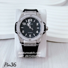 Đồng Hồ Nữ Hublot Đính Đá Lịch Ngày Dây Silicone Đen Silver 36mm 1