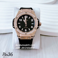 Đồng Hồ Nữ Hublot Đính Đá Lịch Ngày Dây Silicone Đen Rose Gold 36mm 1