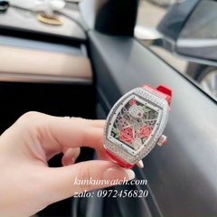 Đồng Hồ Nữ Franck Muller V32 - ABF Nền Lộ Máy, Hoa Văn - Dây Đỏ - 32 x 42mm