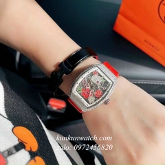 Đồng Hồ Nữ Franck Muller V32 - ABF Nền Lộ Máy, Hoa Văn - Dây Đỏ - 32 x 42mm