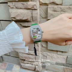 Đồng Hồ Nữ Franck Muller V32 - ABF Nền Lộ Máy, Hoa Văn - Dây Xanh Mộc - 32 x 42mm