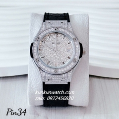 Đồng Hồ Nữ Hublot Classic Fusion Đính Full Đá, Viền Đá Tròn, Lịch Ngày Dây Silicone Da Vân Đen Silver 34mm 1