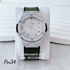 Đồng Hồ Nữ Hublot Classic Fusion Đính Full Đá, Viền Đá Tròn, Lịch Ngày Dây Silicone Da Vân Xanh Rêu Silver 34mm 1