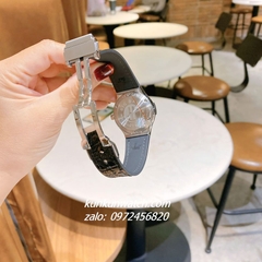 Đồng Hồ Nữ Hublot Classic Fusion Đính Full Đá, Viền Đá Vuông, Lịch Ngày Dây Silicone Da Vân Đen Silver 34mm