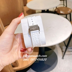 Đồng Hồ Nữ Hublot Classic Fusion Đính Full Đá, Viền Đá Vuông, Lịch Ngày Dây Silicone Da Vân Trắng Silver 34mm