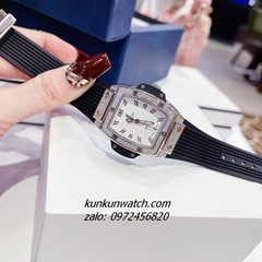 Đồng Hồ Nữ Hublot BigBang Spiri Đính Đá Vỏ, Dây Silicone Đen Silver Mặt Trắng Vuông 28 x 30mm