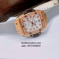 Đồng Hồ Nữ Hublot BigBang Spiri Đính Viền Đá Dây Silicone Xám Rose Gold Mặt Trắng Vuông 28 x 30mm