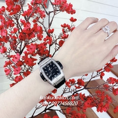 Đồng Hồ Nữ Hublot BigBang Spiri Đính Viền Đá Dây Silicone Đen Silver Mặt Vuông 28 x 30mm
