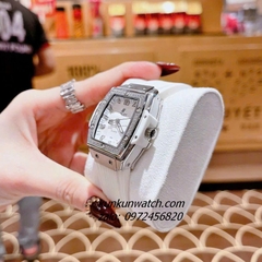 Đồng Hồ Nữ Hublot BigBang Spiri Đính Viền Đá Dây Silicone Trắng Silver Mặt Vuông 28 x 30mm