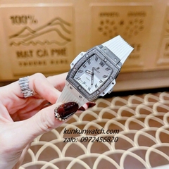 Đồng Hồ Nữ Hublot BigBang Spiri Đính Viền Đá Dây Silicone Trắng Silver Mặt Vuông 28 x 30mm