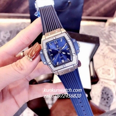 Đồng Hồ Nữ Hublot BigBang Spiri Đính Viền Đá Dây Silicone Xanh Silver Mặt Vuông 28 x 30mm