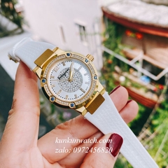 Đồng Hồ Nữ Salvatore Ferragamo F80 Đính Pha Lê Trắng Xanh Dây Silicone Trắng 33mm