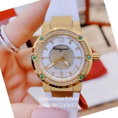 Đồng Hồ Nữ Salvatore Ferragamo F80 Đính Pha Lê Trắng Xanh Lá Dây Silicone Trắng 33mm