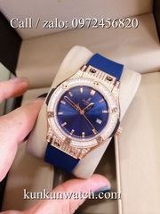 Đồng Hồ Nữ Hublot HLNSV035 - Dây Cao Su Xanh Vỏ Vàng - 34mm