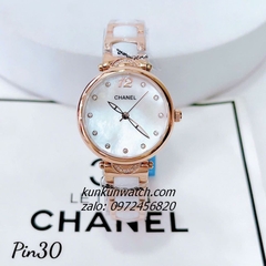 Đồng Hồ Nữ Chanel Đính Đá 11 Mốc Giờ Rose Gold Dây Đá Ceramic Trắng 30mm