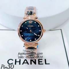 Đồng Hồ Nữ Chanel Đính Đá 11 Mốc Giờ Rose Gold Dây Đá Ceramic Trắng Mặt Xanh 30mm