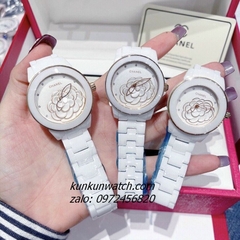 Đồng Hồ Nữ Chanel Mặt Hoa 3D Rose Gold Dây Đá Ceramic Trắng 34mm - 36mm - 40mm