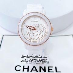 Đồng Hồ Nữ Chanel Mặt Hoa 3D Rose Gold Dây Đá Ceramic Trắng 34mm - 36mm - 40mm